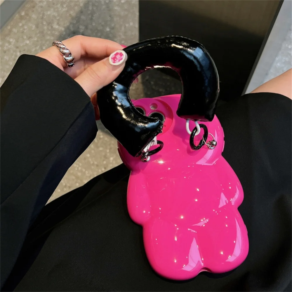 Cute Rose Red Stereoscopic Bear Drop Proof Phone Case for iPhone 13 Pro Max